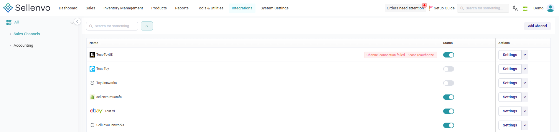 Integrations dashboard showing connected channels